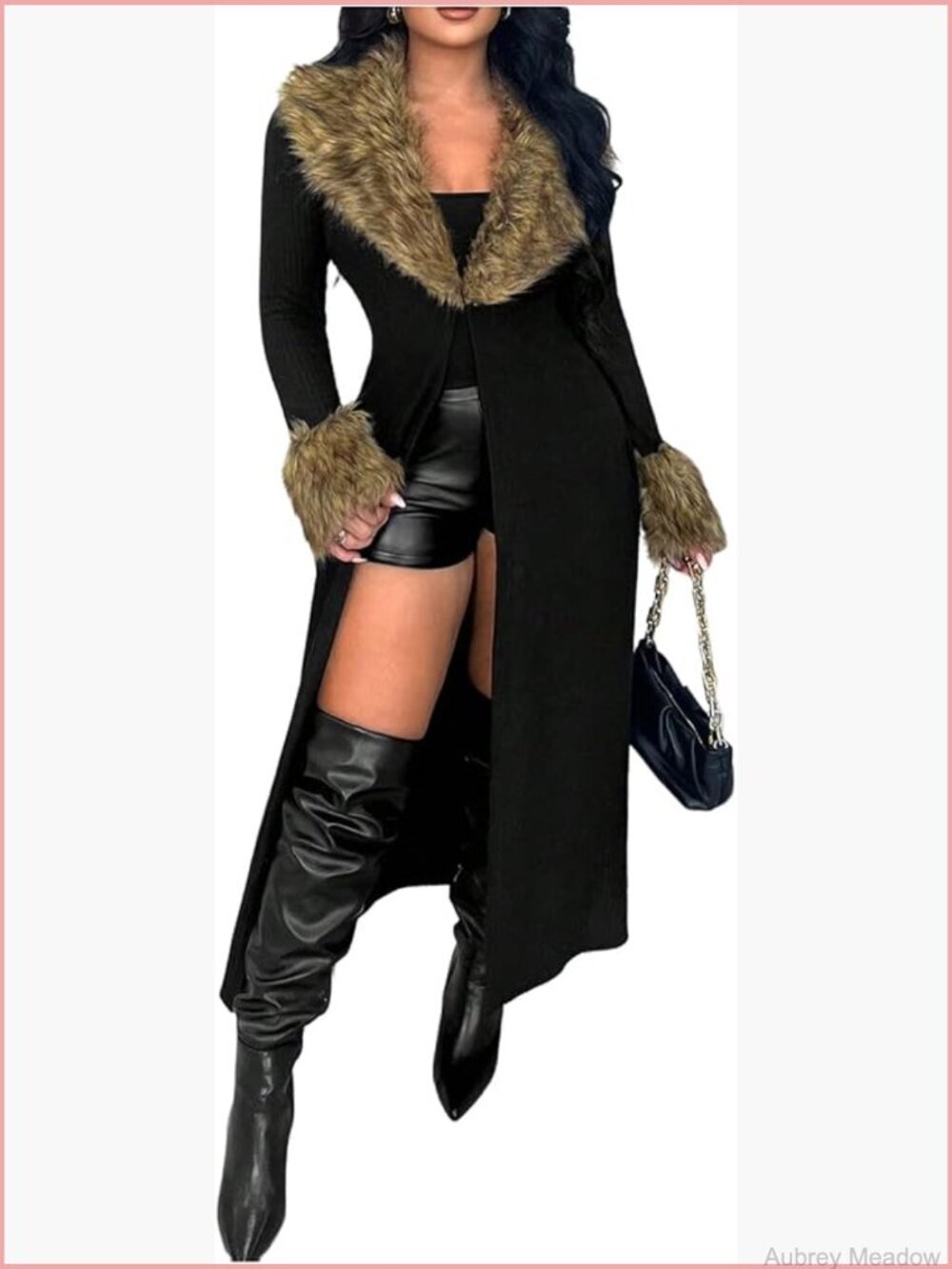 Open Front Long Cardigan Sweater Fuzzy Trim Fall Winter Coat